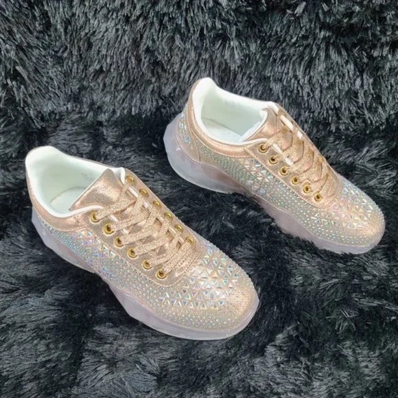 Cape Robbin Rose Gold Low Top Iridescent Rhinestone Lace Up Sneakers - Picture 2 of 9